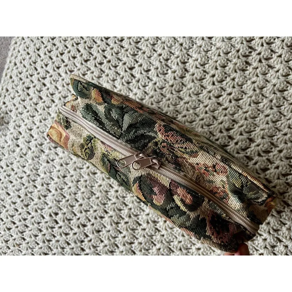 Vintage 90s Needlepoint Toiletry Bag Fruit Print Neutral Cottagecore